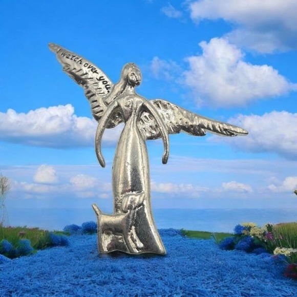 "I watch over you" Pewter Angel with Dog Silver Tone Christian Brooch / Pin - Picture 2 of 6